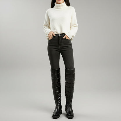 Cozy Over The Knee Boots for Women with Quilted Fleece Lined Round Toe Flatform Winter Style