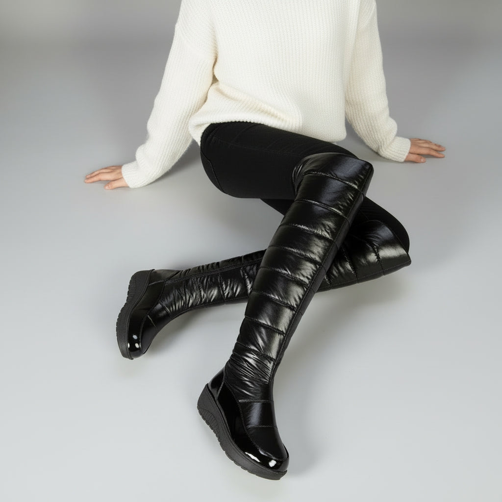 Cozy Over The Knee Boots for Women with Quilted Fleece Lined Round Toe Flatform Winter Style