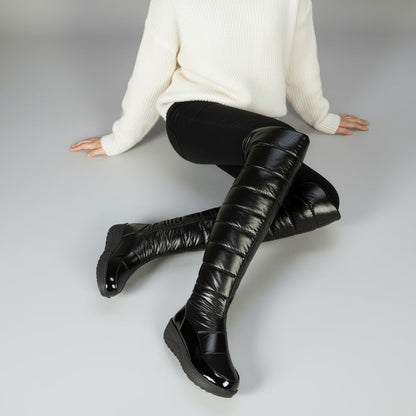 Cozy Over The Knee Boots for Women with Quilted Fleece Lined Round Toe Flatform Winter Style