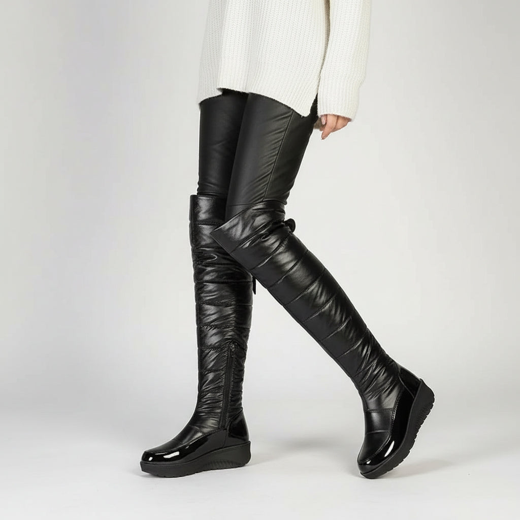 Cozy Over The Knee Boots for Women with Quilted Fleece Lined Round Toe Flatform Winter Style