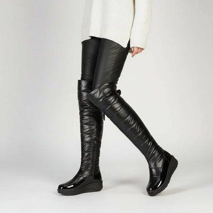 Cozy Over The Knee Boots for Women with Quilted Fleece Lined Round Toe Flatform Winter Style