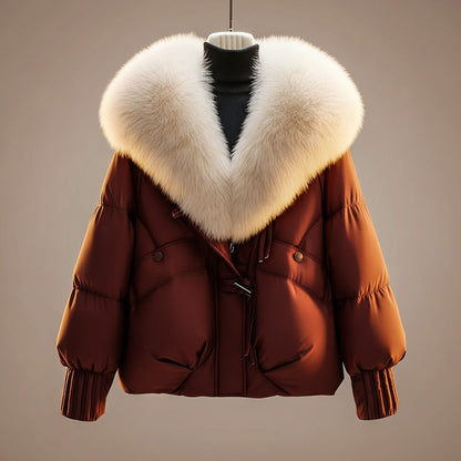 Cozy Puffer Jacket for Women with Faux Fur Collar Long Sleeve Padded Oversized Winter Style