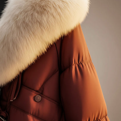 Cozy Puffer Jacket for Women with Faux Fur Collar Long Sleeve Padded Oversized Winter Style