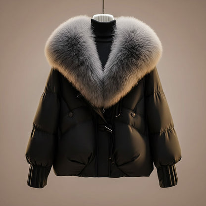 Cozy Puffer Jacket for Women with Faux Fur Collar Long Sleeve Padded Oversized Winter Style