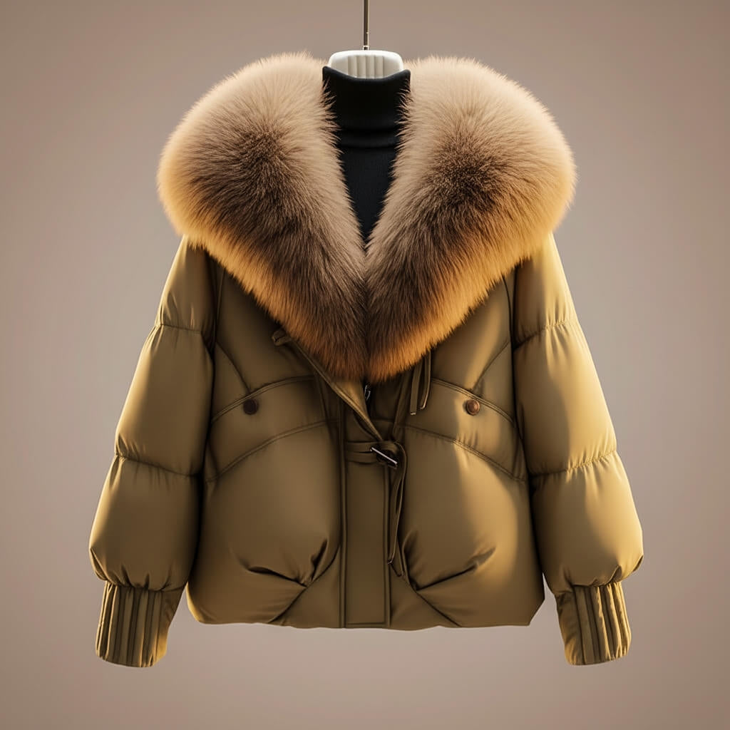 Cozy Puffer Jacket for Women with Faux Fur Collar Long Sleeve Padded Oversized Winter Style
