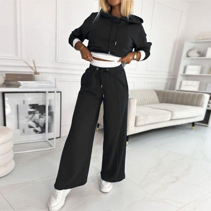 Effortless Cropped Hoodie Two Piece Set for Women with Drawstring Wide Leg Relaxed Casual Style