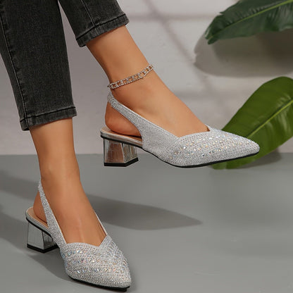 Chic Rhinestone Slingback Pumps for Women with Pointed Toe Block Heel Embellished Party Style