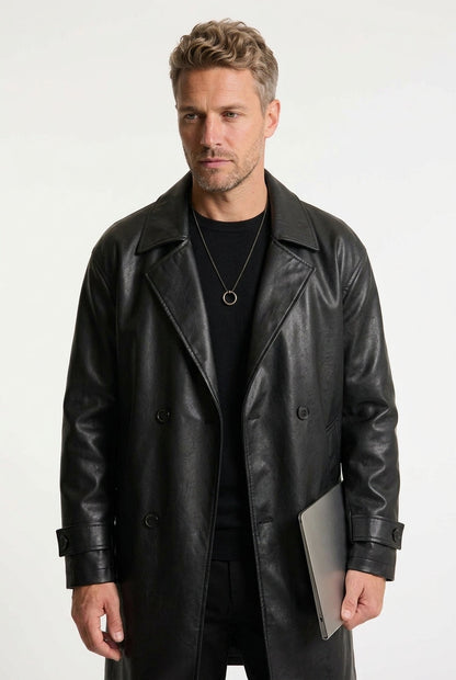 Chic Leather Trench Coat for Men with Notch Lapel Long Sleeve Double Breasted Longline Style