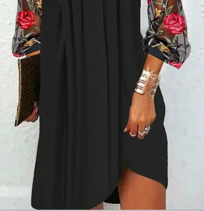 Elegant Black Floral Embroidered Mini Dress for Women with V Neck Balloon Sleeve Mesh Flowing Style
