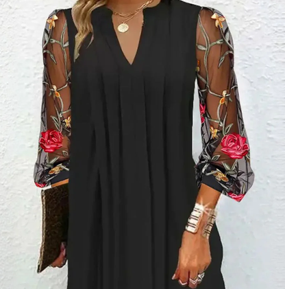 Elegant Black Floral Embroidered Mini Dress for Women with V Neck Balloon Sleeve Mesh Flowing Style