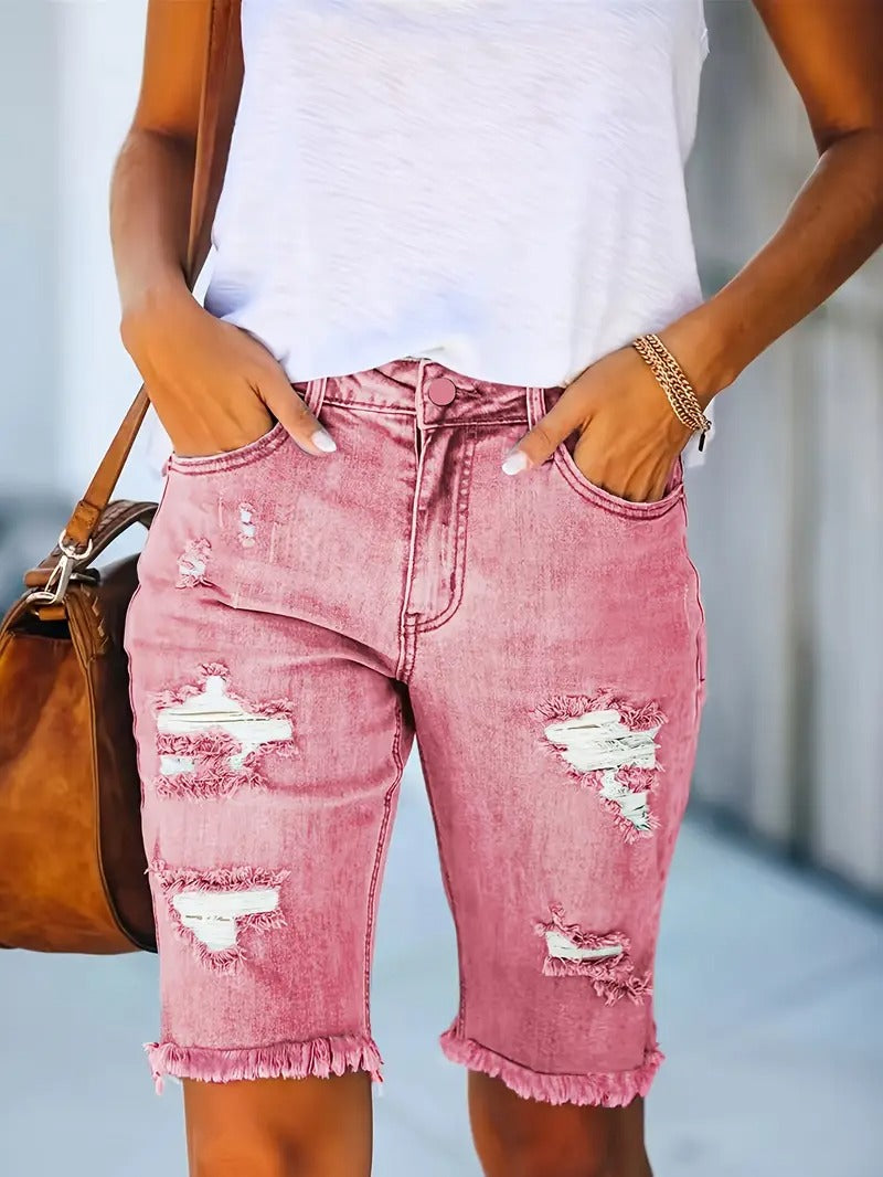 Effortless Pink Distressed Denim Shorts for Women with High Waist Frayed Hem Bermuda Casual Style