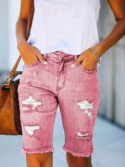 Effortless Pink Distressed Denim Shorts for Women with High Waist Frayed Hem Bermuda Casual Style