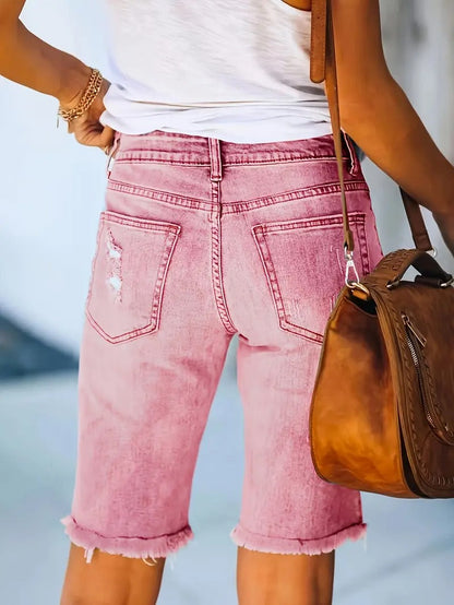 Effortless Pink Distressed Denim Shorts for Women with High Waist Frayed Hem Bermuda Casual Style