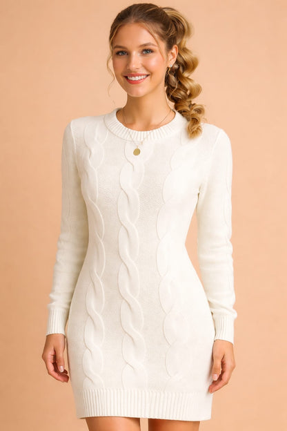 Cozy Cable Knit Sweater Dress for Women with Crew Neck Long Sleeve Midi Pullover Fall Style