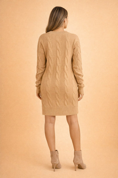 Cozy Cable Knit Sweater Dress for Women with Crew Neck Long Sleeve Midi Pullover Fall Style