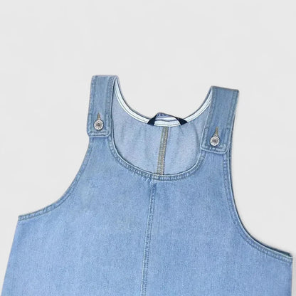 Elegant Blue Denim Dress for Women with Scoop Neck Sleeveless Patch Pocket A Line Mini Style