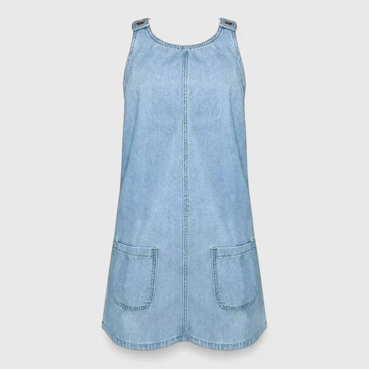 Effortless Blue Denim Midi Dress for Women with Scoop Neck Sleeveless Patch Pocket Casual Style
