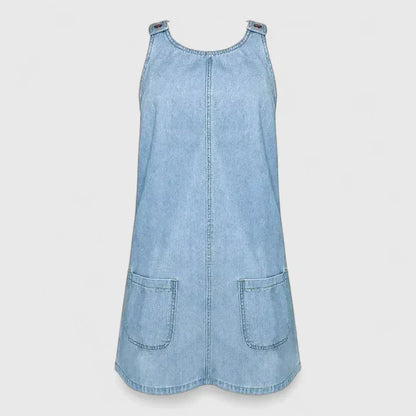 Effortless Blue Denim Midi Dress for Women with Scoop Neck Sleeveless Patch Pocket Casual Style