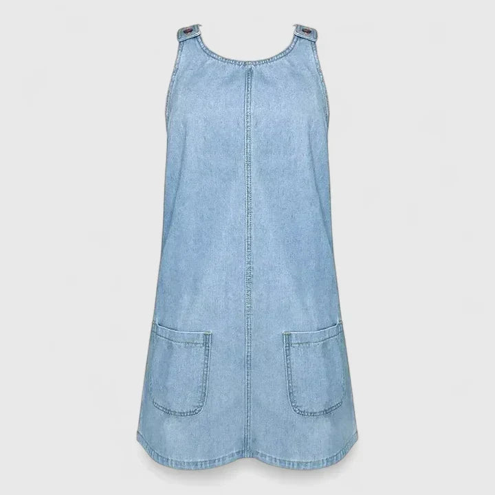 Elegant Blue Denim Dress for Women with Scoop Neck Sleeveless Patch Pocket A Line Mini Style