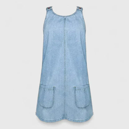 Elegant Blue Denim Dress for Women with Scoop Neck Sleeveless Patch Pocket A Line Mini Style