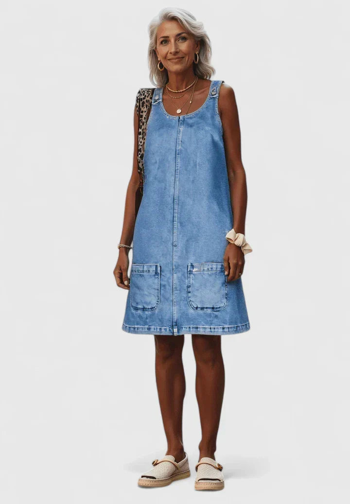 Elegant Blue Denim Dress for Women with Scoop Neck Sleeveless Patch Pocket A Line Mini Style