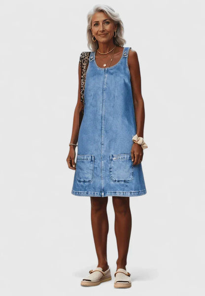 Elegant Blue Denim Dress for Women with Scoop Neck Sleeveless Patch Pocket A Line Mini Style