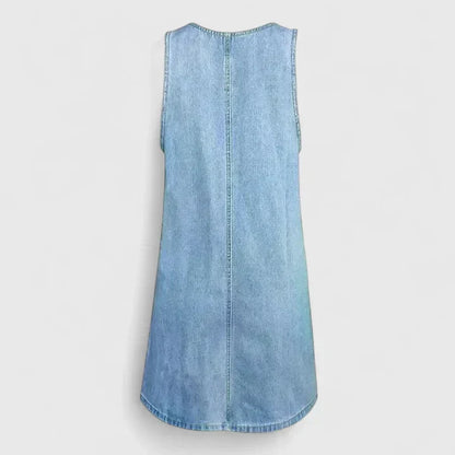 Elegant Blue Denim Dress for Women with Scoop Neck Sleeveless Patch Pocket A Line Mini Style