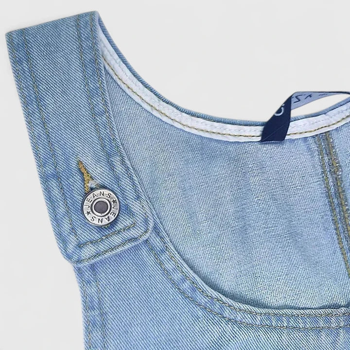 Elegant Blue Denim Dress for Women with Scoop Neck Sleeveless Patch Pocket A Line Mini Style