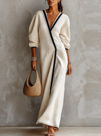 Elegant Beige Linen Blend Wrap Dress for Women with V Neck Lantern Sleeve Contrast Trim Maxi Style