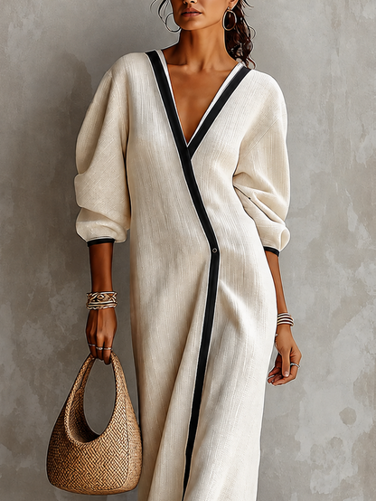 Elegant Beige Linen Blend Wrap Dress for Women with V Neck Lantern Sleeve Contrast Trim Maxi Style