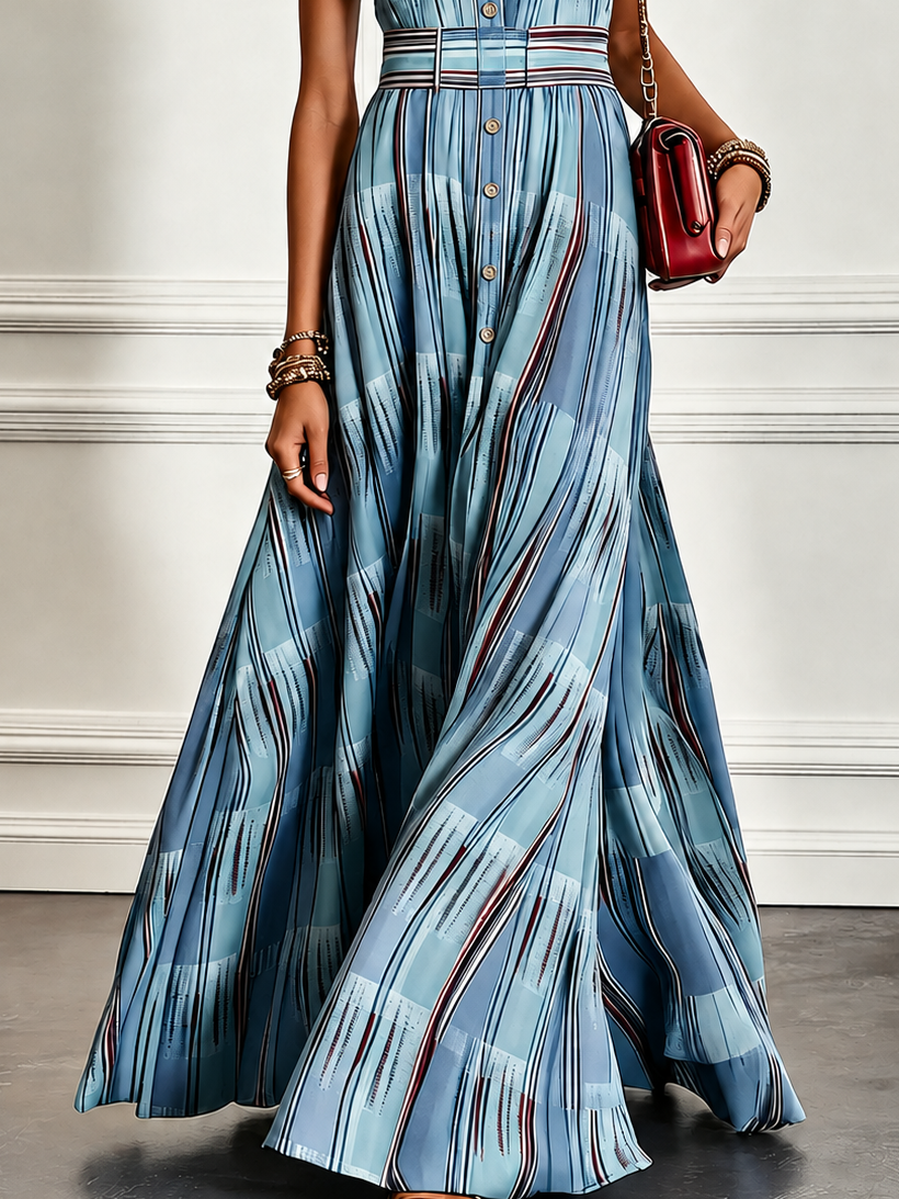 Elegant Blue Striped Shirt Dress for Women with Collar Sleeveless Button Front Belted A Line Flowing Style