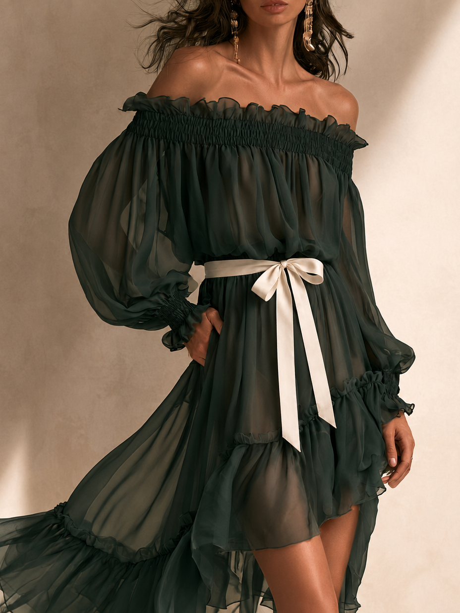 Elegant Emerald Green Dress for Women with Off Shoulder Long Sleeve Chiffon Ruffle High Low Flowing Style