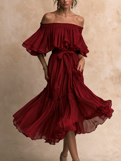 Elegant Red Off-Shoulder Chiffon Dress for Women with Elbow Sleeve Tie Waist Flowing Boho Style