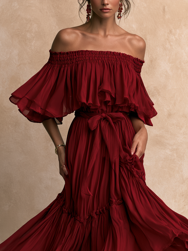Elegant Red Off-Shoulder Chiffon Dress for Women with Elbow Sleeve Tie Waist Flowing Boho Style