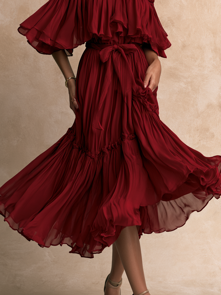 Elegant Red Off-Shoulder Chiffon Dress for Women with Elbow Sleeve Tie Waist Flowing Boho Style