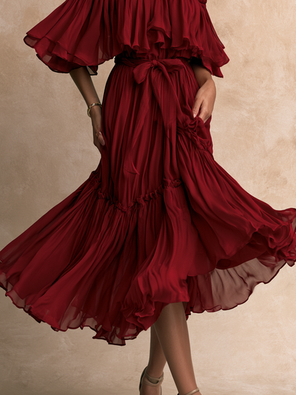 Elegant Red Off-Shoulder Chiffon Dress for Women with Elbow Sleeve Tie Waist Flowing Boho Style