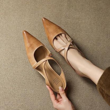 Elegant Mules for Women with Pointed Toe Cross Strap Low Heel Slip On Leather Style