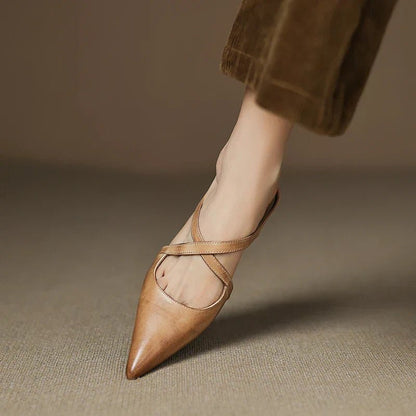 Elegant Mules for Women with Pointed Toe Cross Strap Low Heel Slip On Leather Style