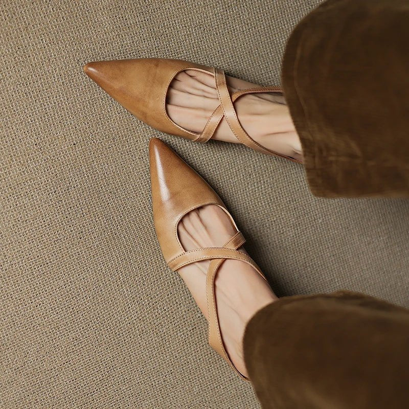 Elegant Mules for Women with Pointed Toe Cross Strap Low Heel Slip On Leather Style