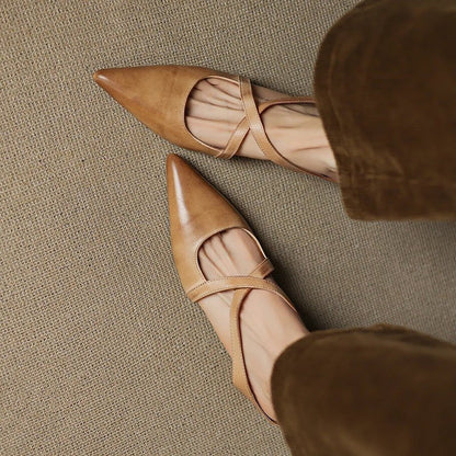 Elegant Mules for Women with Pointed Toe Cross Strap Low Heel Slip On Leather Style