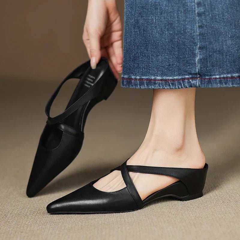 Elegant Mules for Women with Pointed Toe Cross Strap Low Heel Slip On Leather Style