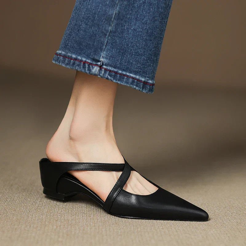 Elegant Mules for Women with Pointed Toe Cross Strap Low Heel Slip On Leather Style