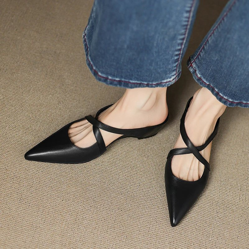 Elegant Mules for Women with Pointed Toe Cross Strap Low Heel Slip On Leather Style