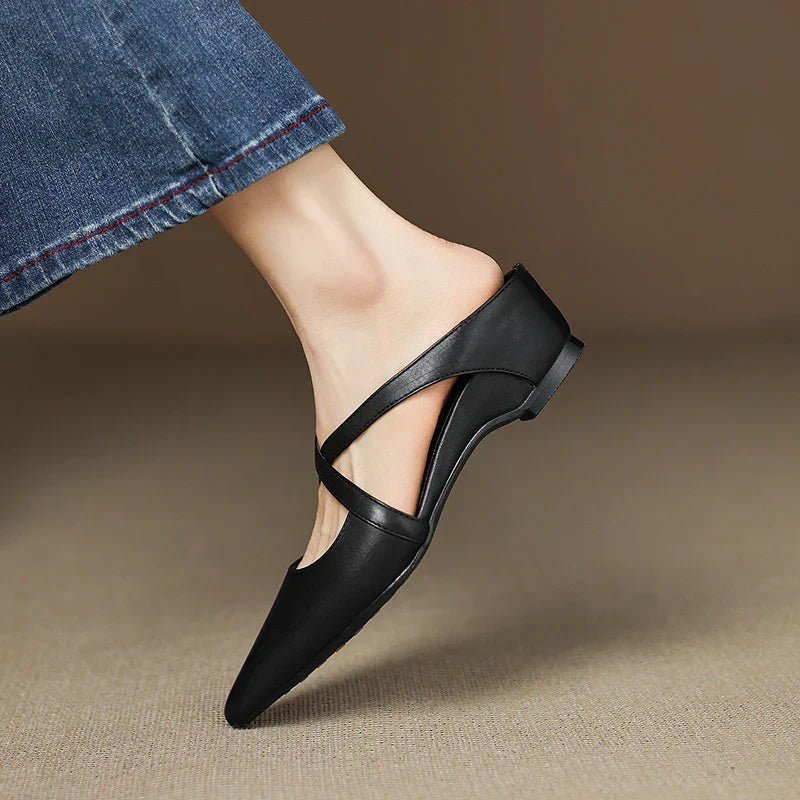 Elegant Mules for Women with Pointed Toe Cross Strap Low Heel Slip On Leather Style