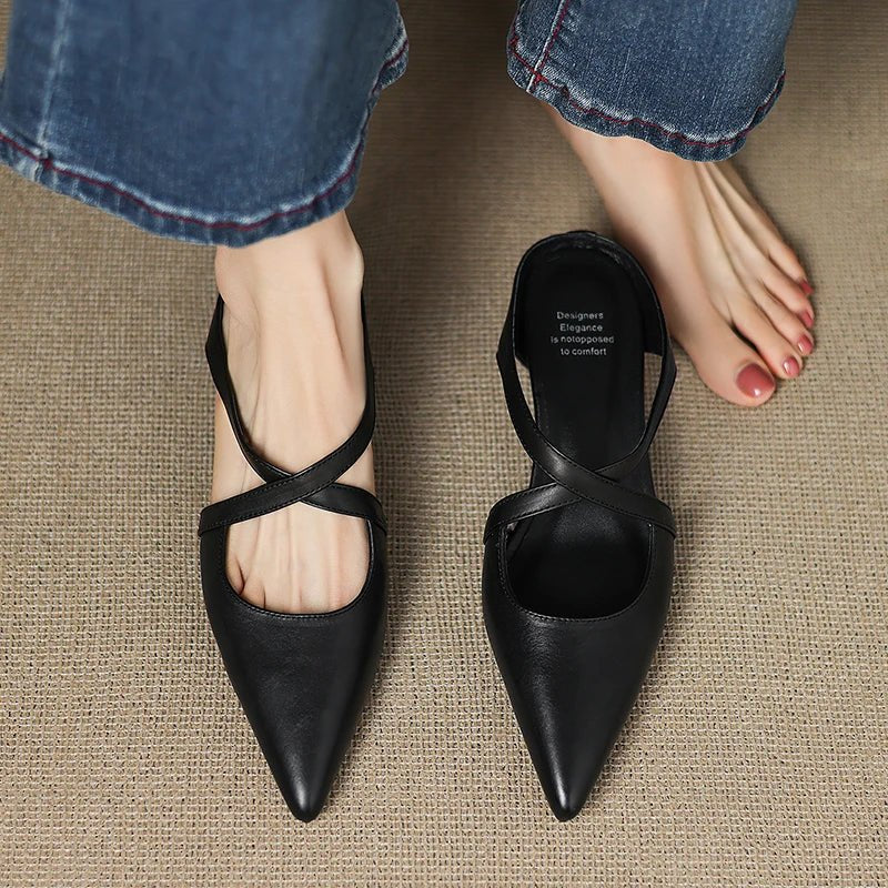 Elegant Mules for Women with Pointed Toe Cross Strap Low Heel Slip On Leather Style