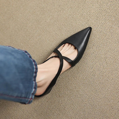 Elegant Mules for Women with Pointed Toe Cross Strap Low Heel Slip On Leather Style