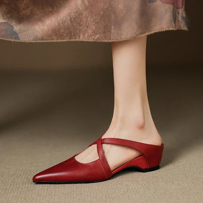 Elegant Mules for Women with Pointed Toe Cross Strap Low Heel Slip On Leather Style