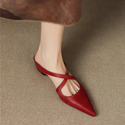 Elegant Mules for Women with Pointed Toe Cross Strap Low Heel Slip On Leather Style