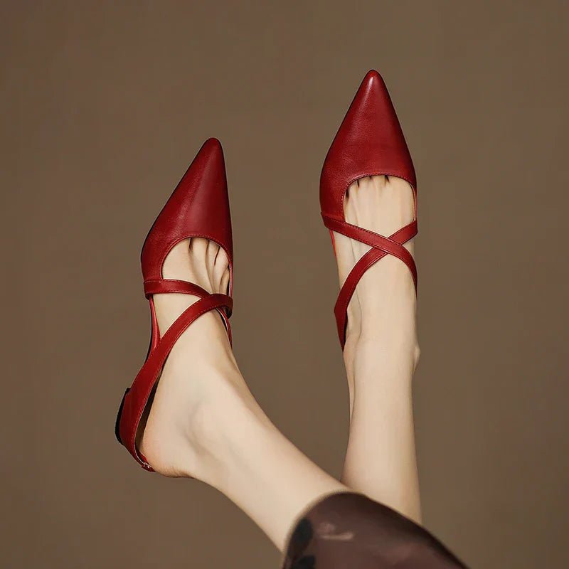 Elegant Mules for Women with Pointed Toe Cross Strap Low Heel Slip On Leather Style