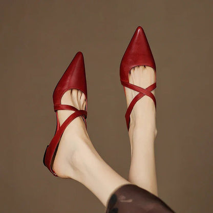 Elegant Mules for Women with Pointed Toe Cross Strap Low Heel Slip On Leather Style